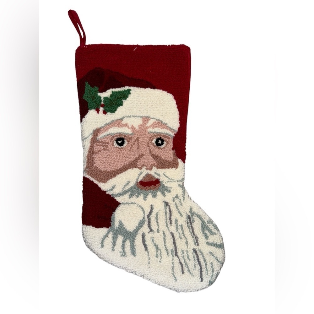 Needlepoint Christmas Stocking with Smiling Santa on Front